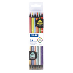 Caja 6 lápices bicolor triangulares madera negra (colores fluo + metalizados) milan